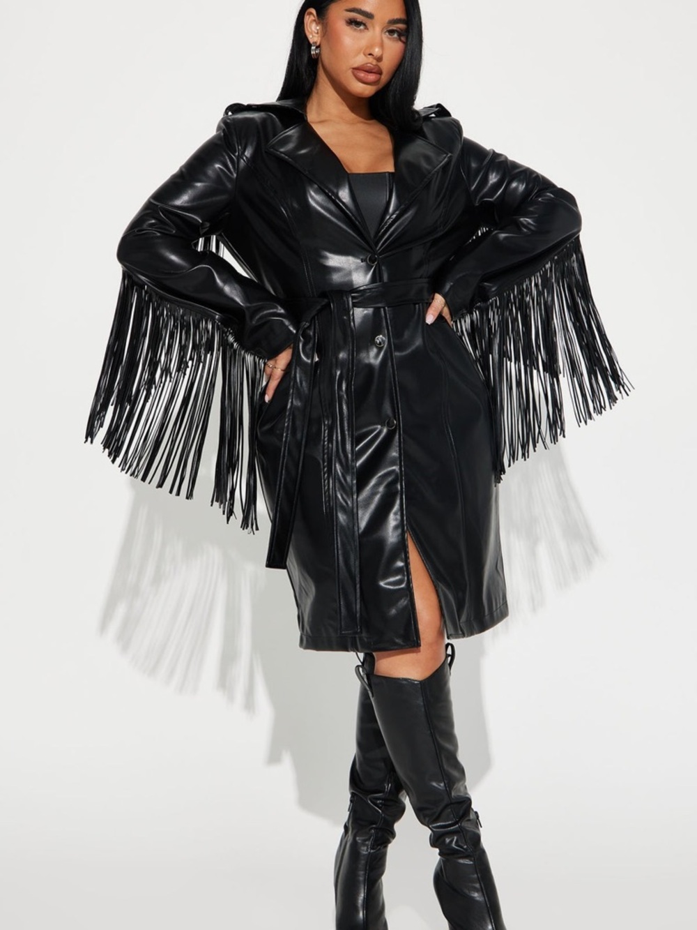 Black Faux Leather Fringe Trench Coat